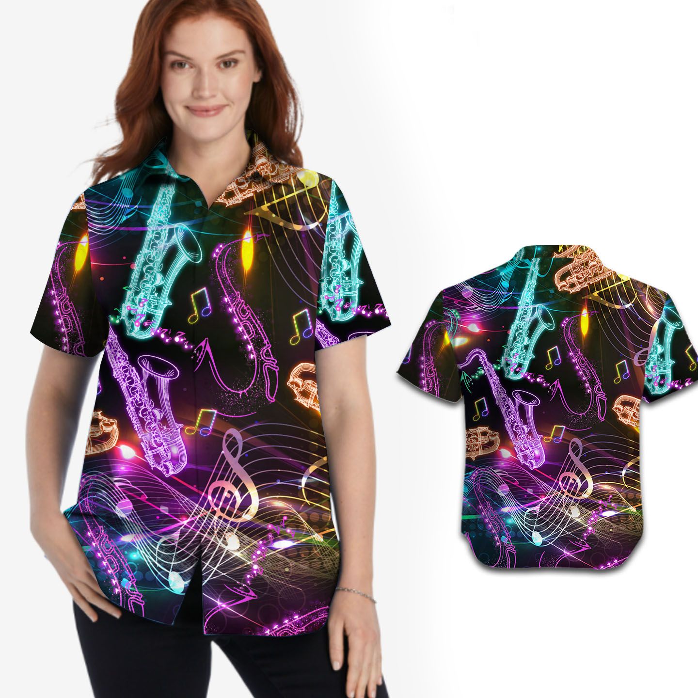 Neon Saxophone Music Staves Women Hawaii Shirt For Saxophonists In Daily Life Ha96655