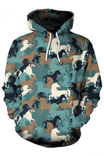 Womens Kangaroo Pocket Unicorn Printed Halloween Hoodie Turquoise