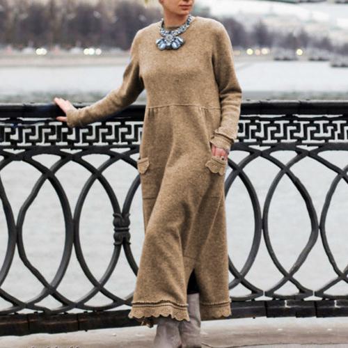 Vintage Women Autumn Winter Long Sleeve Lacework Hem Plus Size Knit Maxi Dress alx