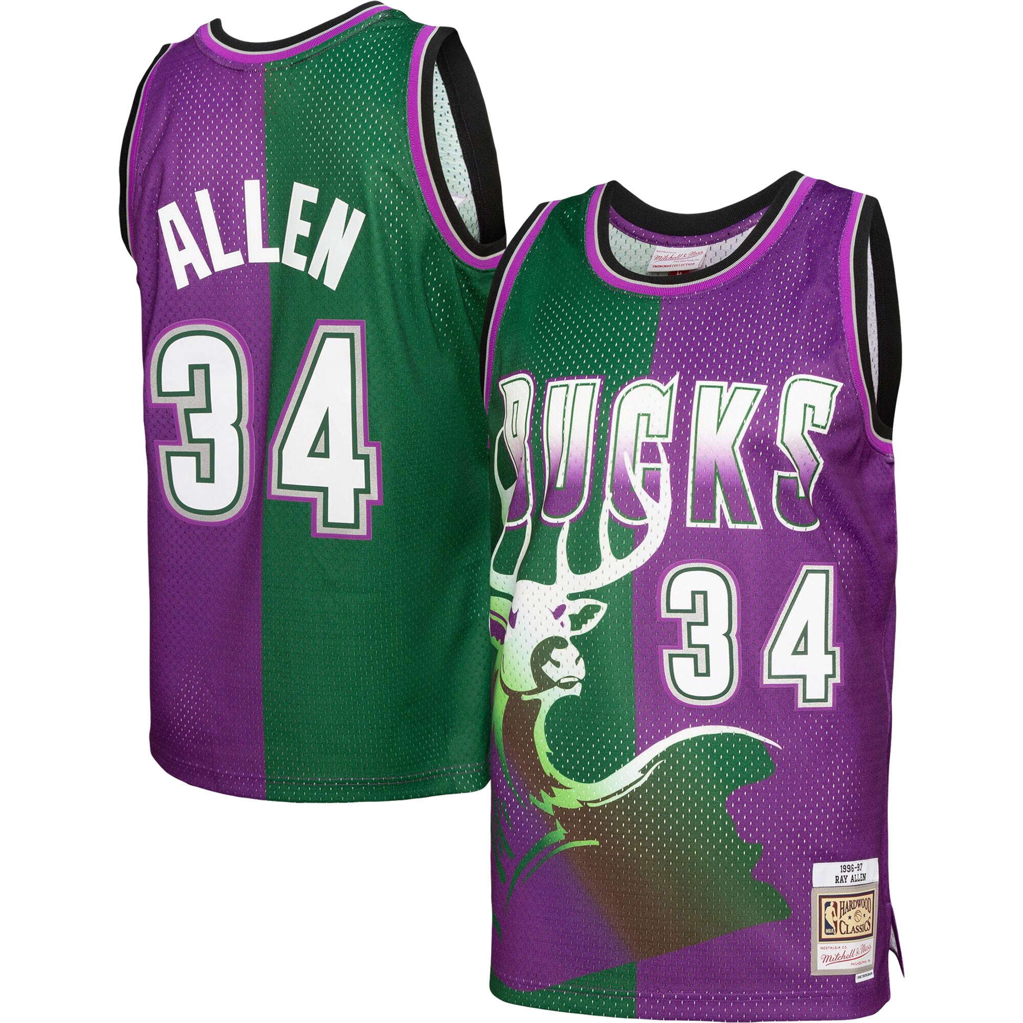 Men's Mitchell & Ness Ray Allen Green/Purple Milwaukee Bucks Hardwood Classics 1996/97 Split Swingman Jersey