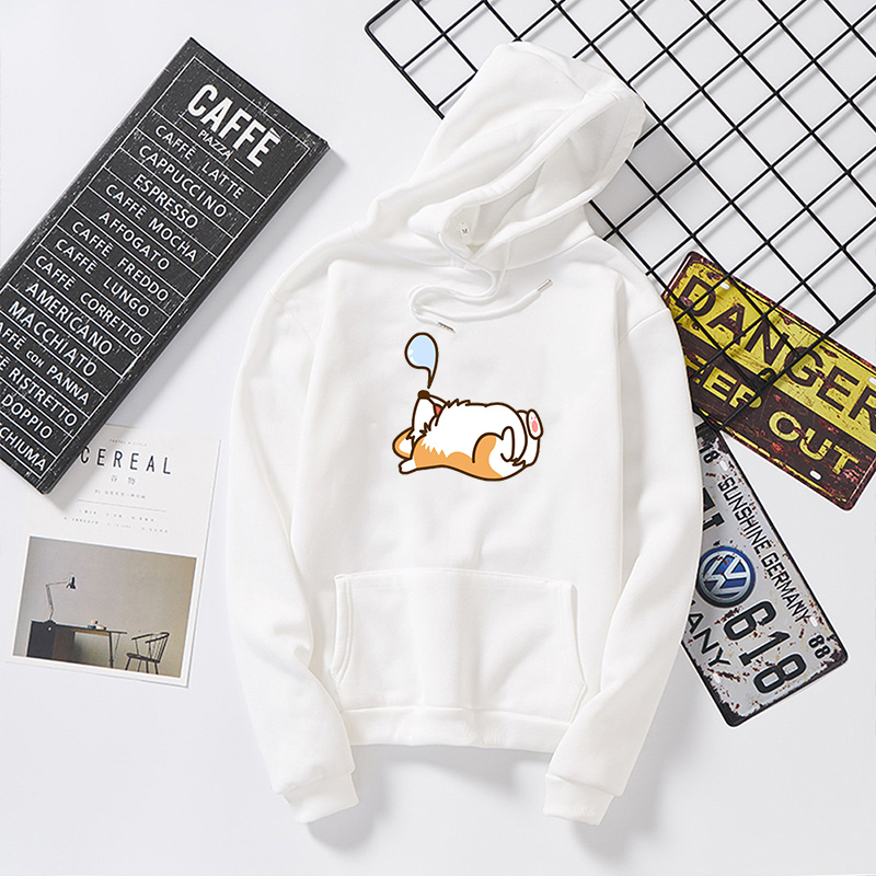 Autumn Winter Kawaii Corgi Sleeping Funny Print Hooded Female Long Sleeve Fashion Harajuku Women Hoodies Sweatshirts Pullovers alx