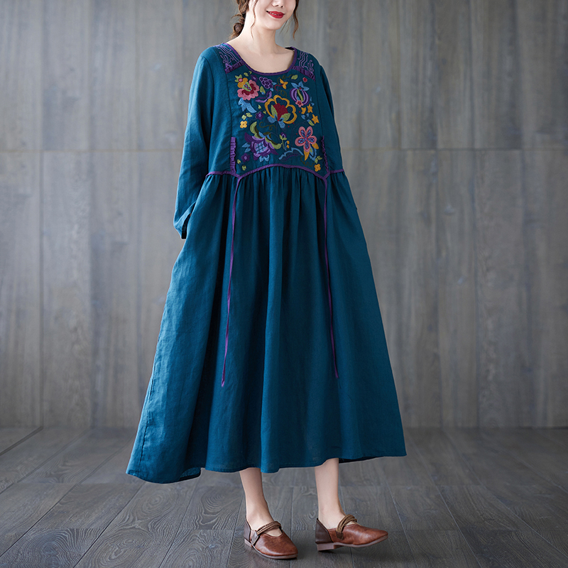 2022 New Arrival Embroidery Floral Vintage Chinese Style Autumn Dress Cotton Linen Loose Women Casual Spring Midi Dress alx