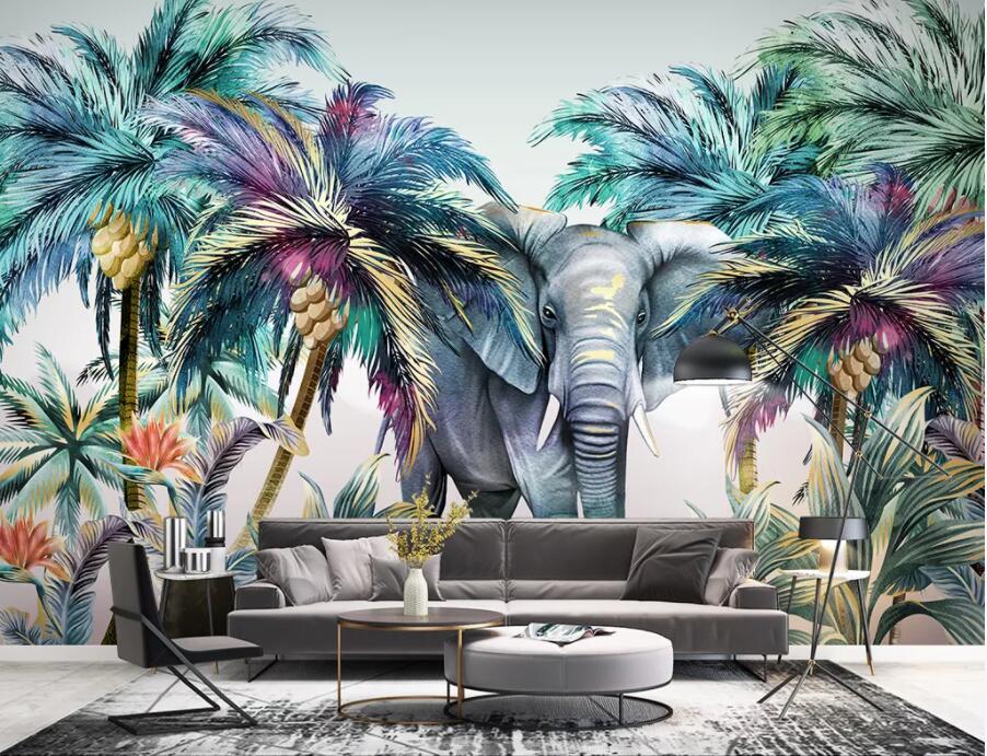 3D Tropical Coconut Tree Elephant Wall Mural Wallpaper 2559