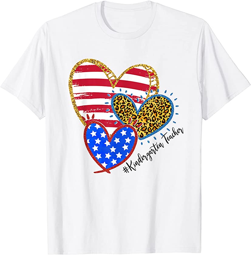 Three American Flag Leopard Hearts Kindergarten Teacher T-Shirt