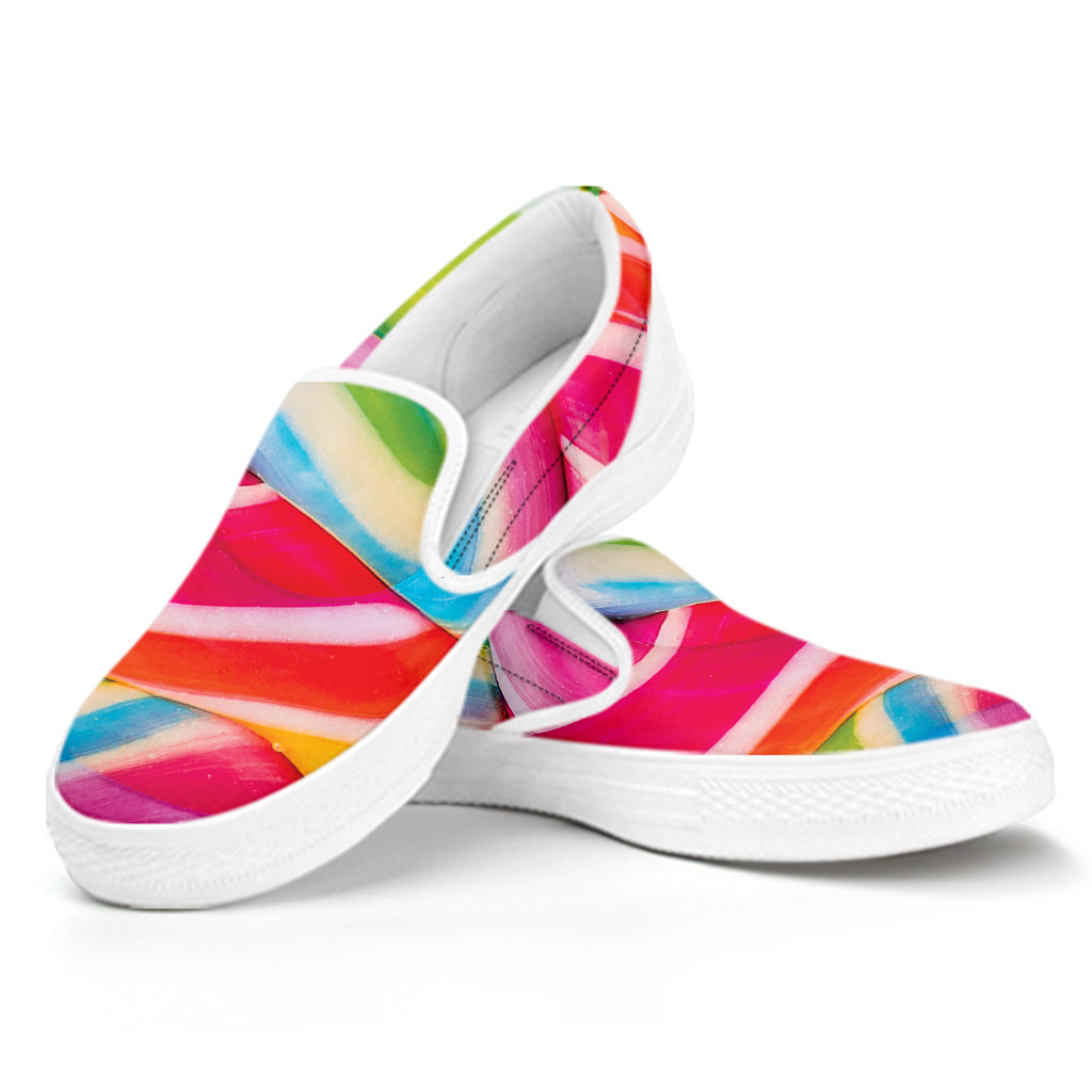 Rainbow Swirl Candy Print White Slip On Shoes