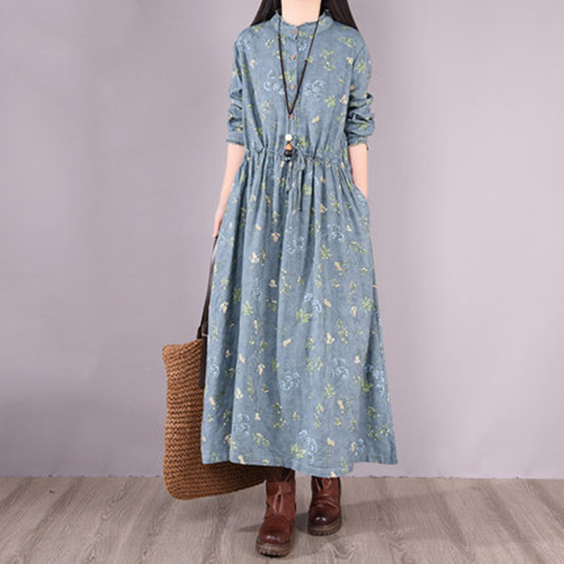 2022 New Print Floral Long Sleeve Spring Dress Button Draw String Slim Office Lady Work Dress Women Casual Midi Dress alx