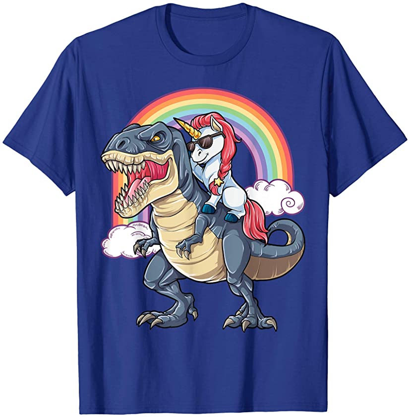 Unicorn Riding T rex Shirt Dinosaur Boys Girls Kids Gift Men