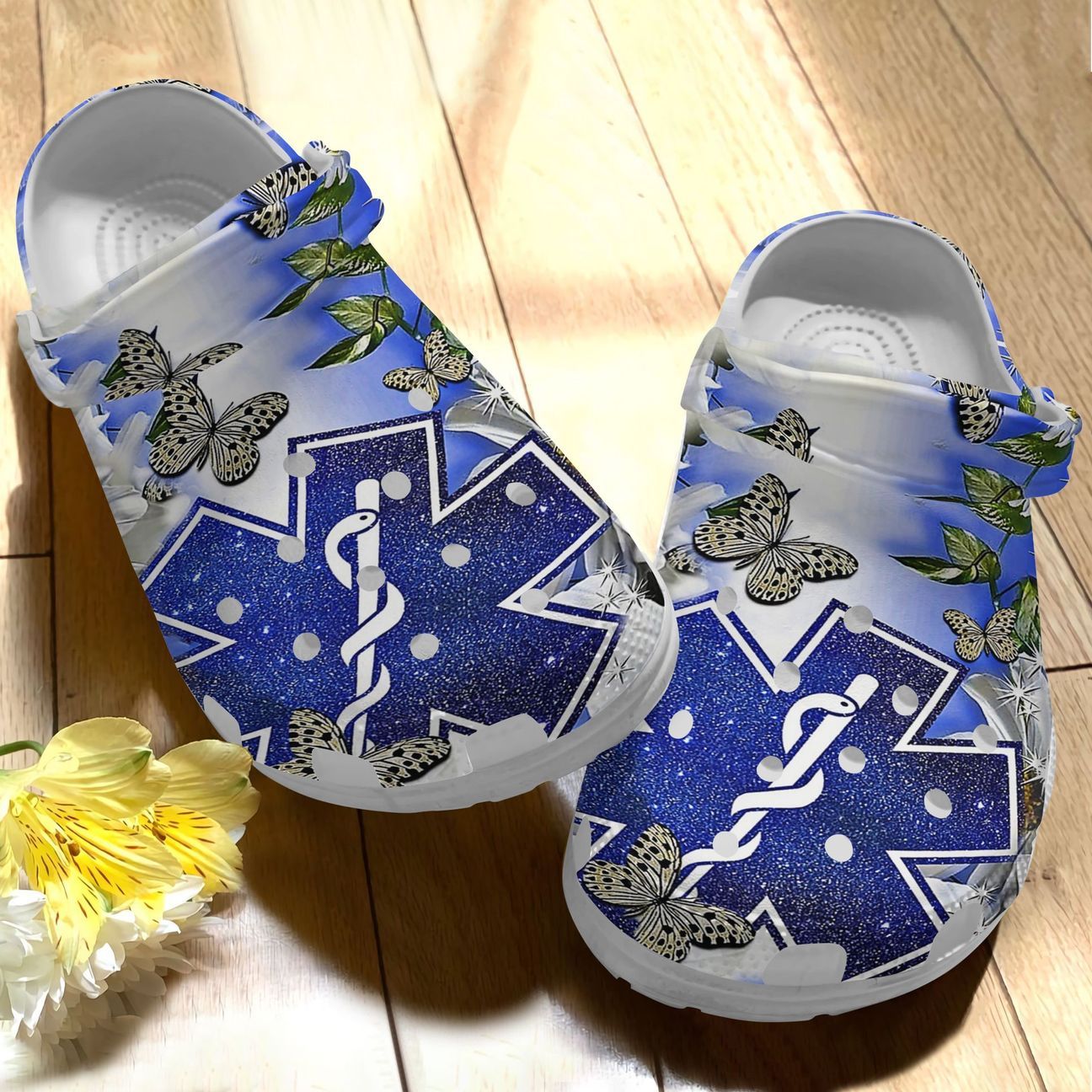 Emt Personalize Clog, Custom Name, Text, Fashion Style For Women, Men, Kid, Print 3D Flowery Paramedic Symbol