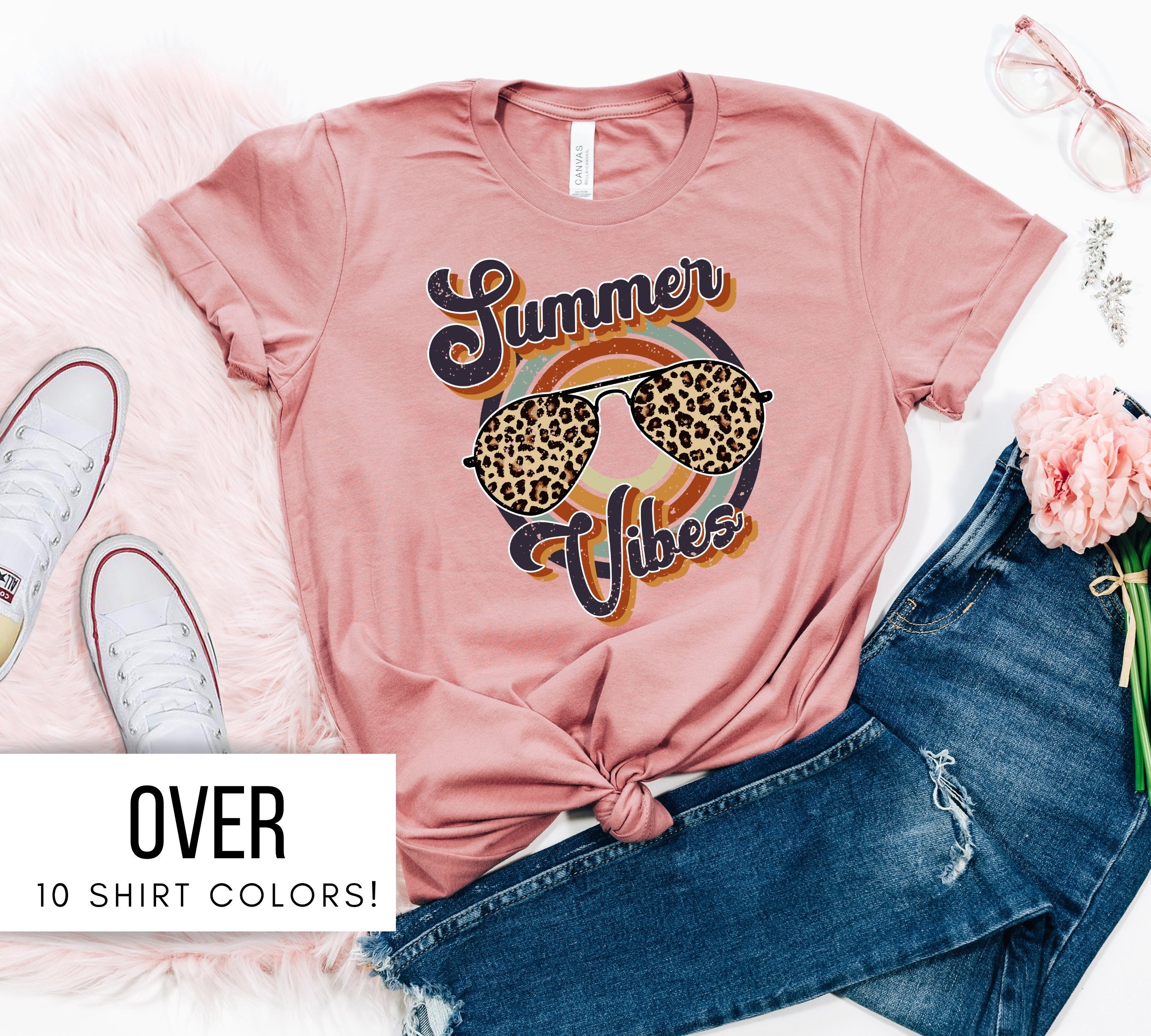 Summer Vibes Shirt For Women – Retro Summer Vibes T Shirt – Summer Vibes Gift For Her – Retro Beach Tshirt – Leopard Summer Shirt For Women