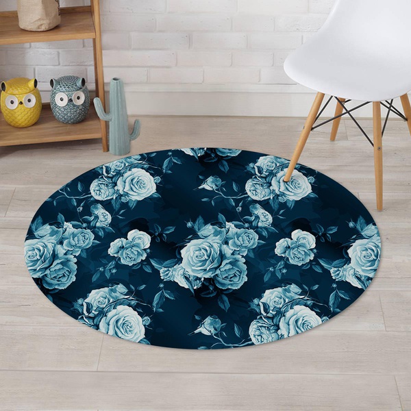 Blue Rose Floral Round Rug