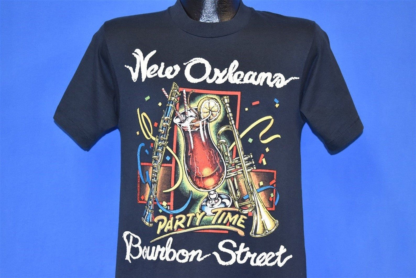 80S New Orleans Bourbon Street Party Time Cocktail T-Shirt Vintage Tee