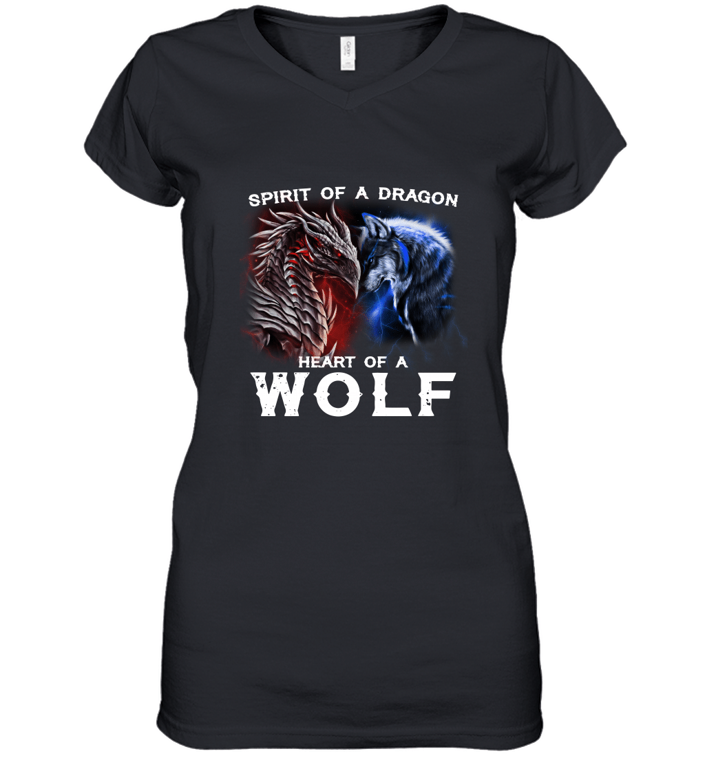 Spirit Of A Dragon Heart Of A Wolf Awesome Animal Lovers Women’s V-Neck T-Shirt