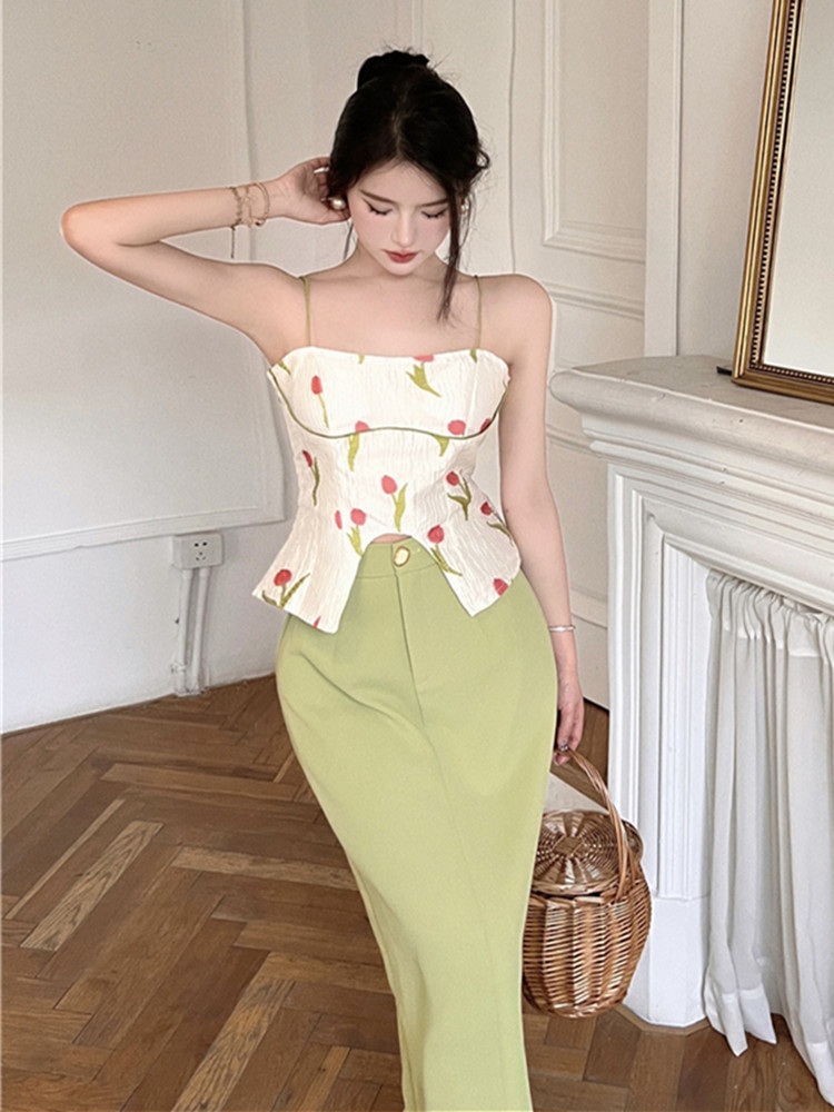 Summer Sexy High Waist Slim Bag Hip Skirt +Padded Cup Slim Camisole Two-piece Set Women Sweet Print Tulip 2 Piece Skirt Sets alx