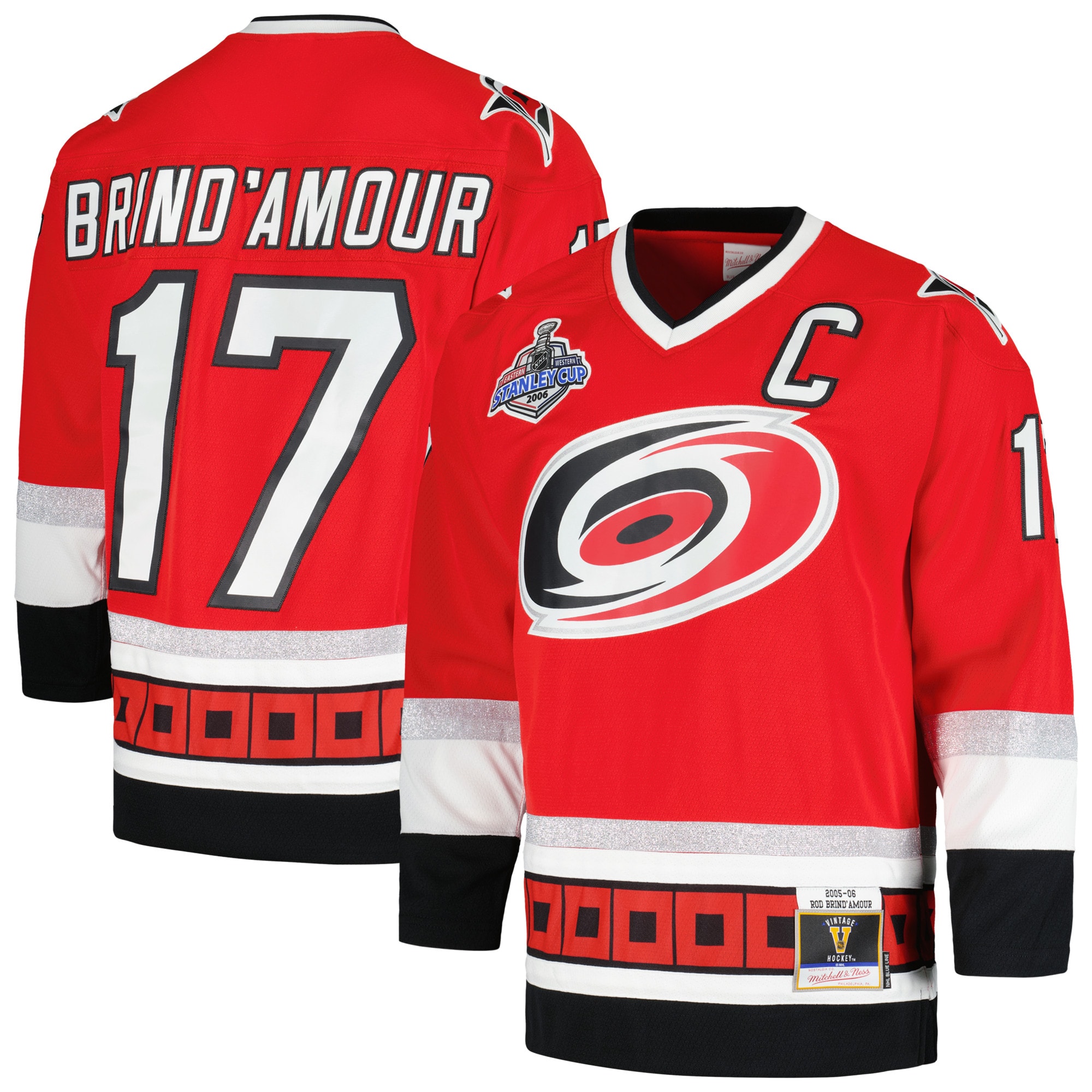 Men's Carolina Hurricanes Rod Brind'Amour Mitchell & Ness Red 2005/06 Captain Patch Blue Line Player Jersey