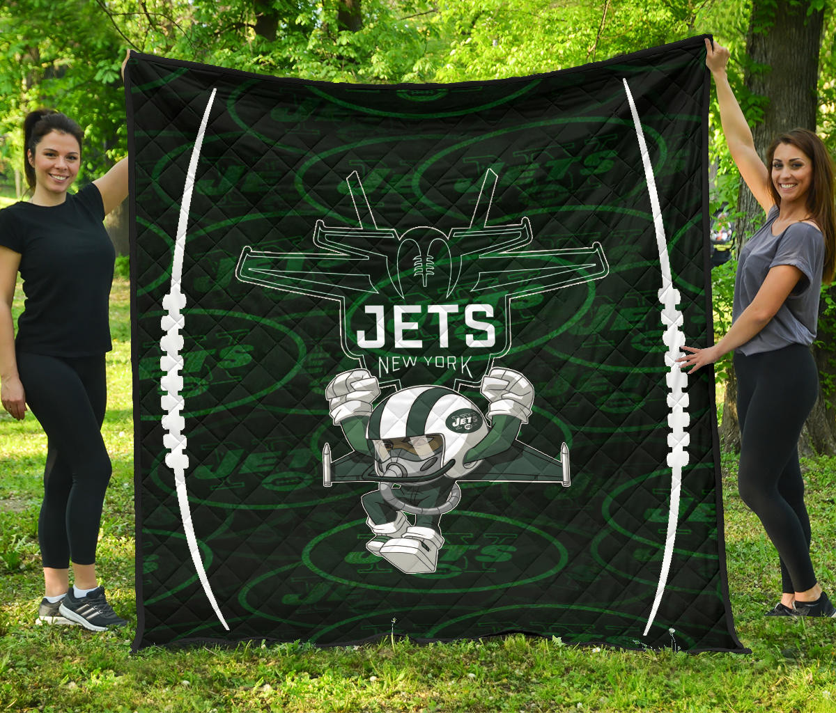 New York American Football Jets Football Rush Artwork Jumping Dark Green Premium Quilt Blanket