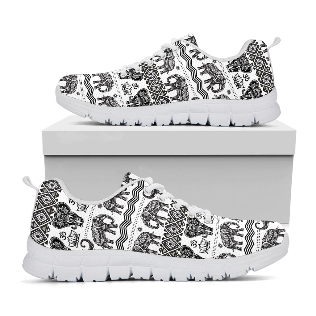 White And Black Indian Elephant Print White Sneakers