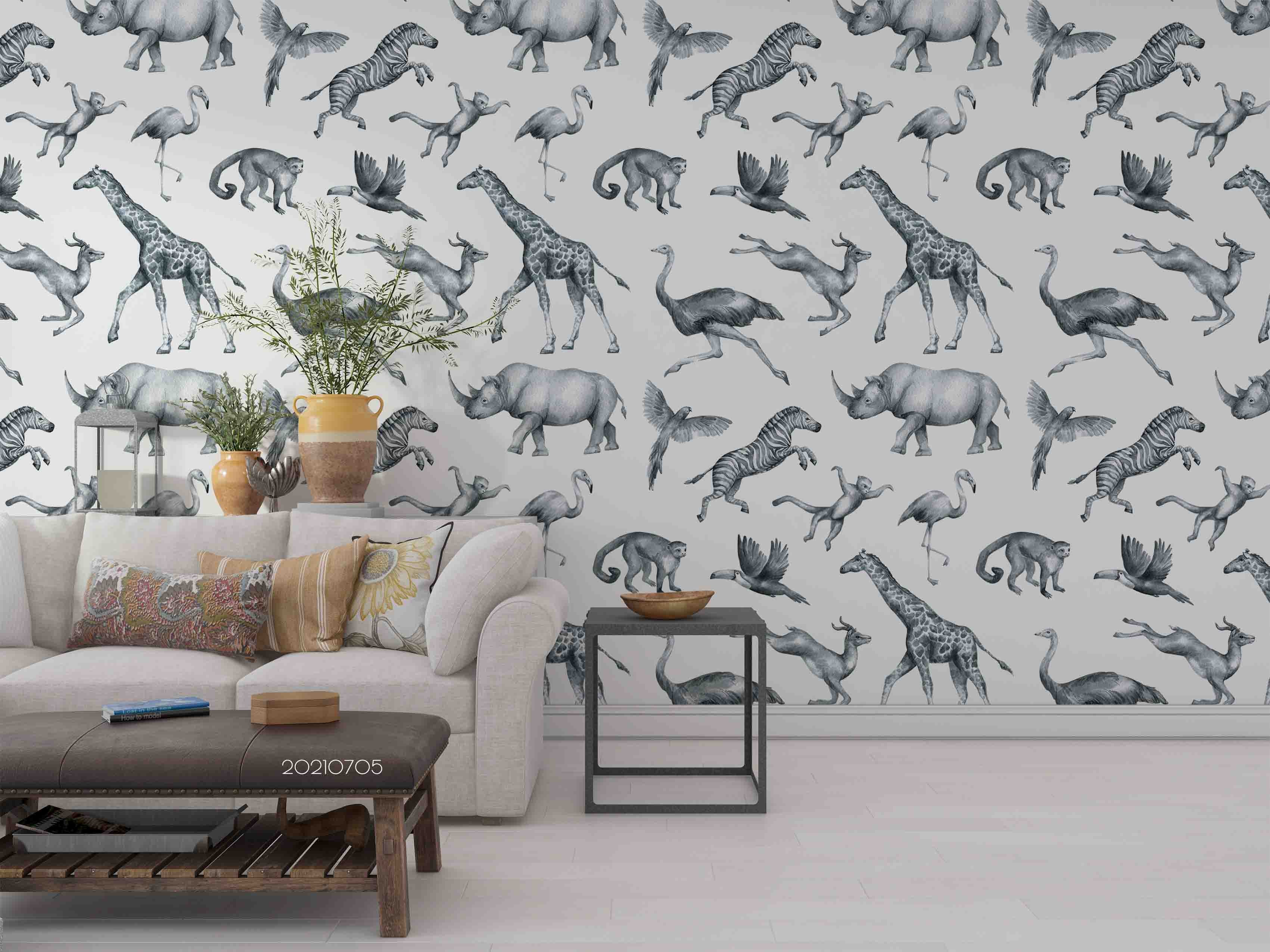 3D Hand Drawn Animals Giraffe Flamingo Wall Mural Wallpaper Lqh 137