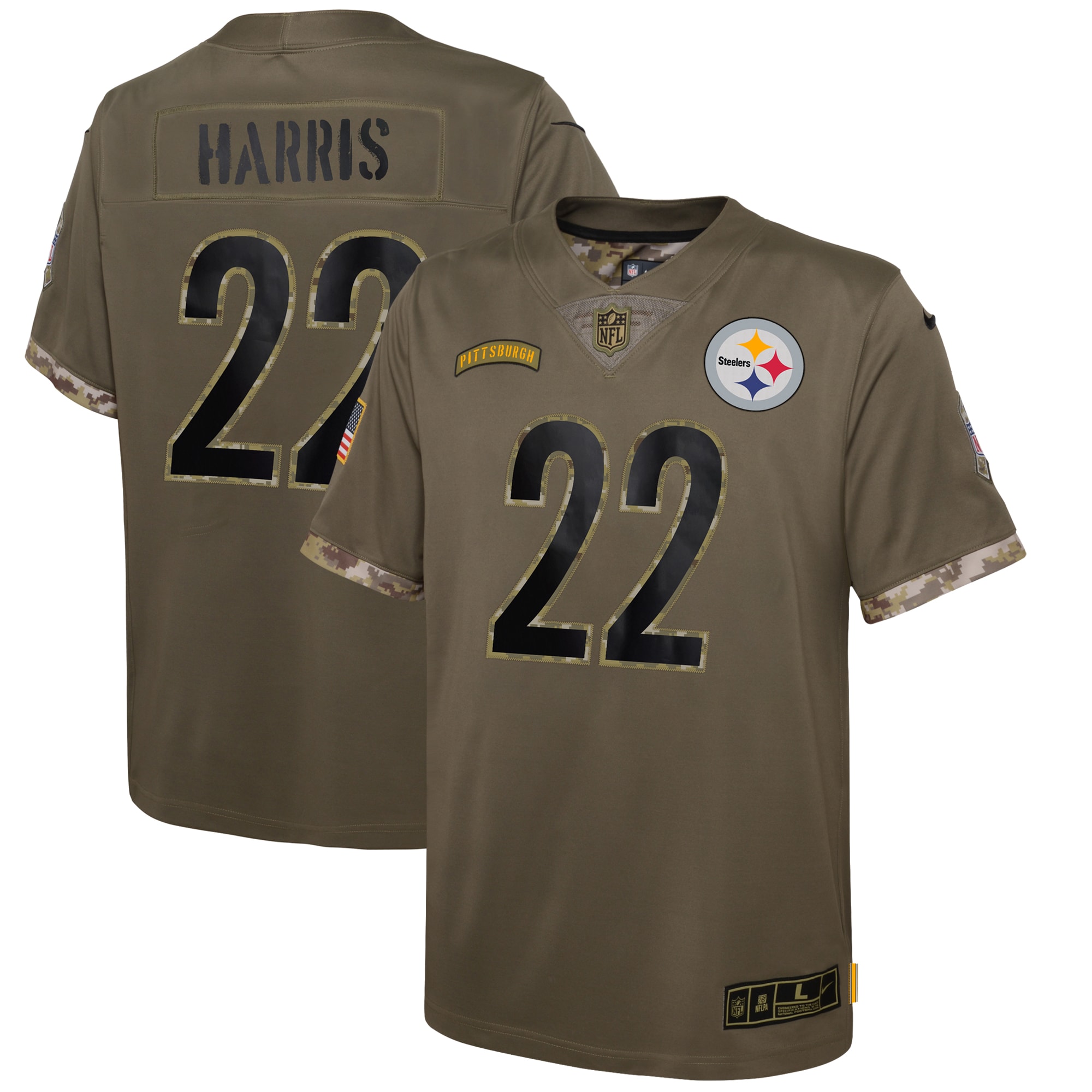 Najee Harris Pittsburgh Steelers Youth 2022 Salute To Service Player Limited Jersey – Olive