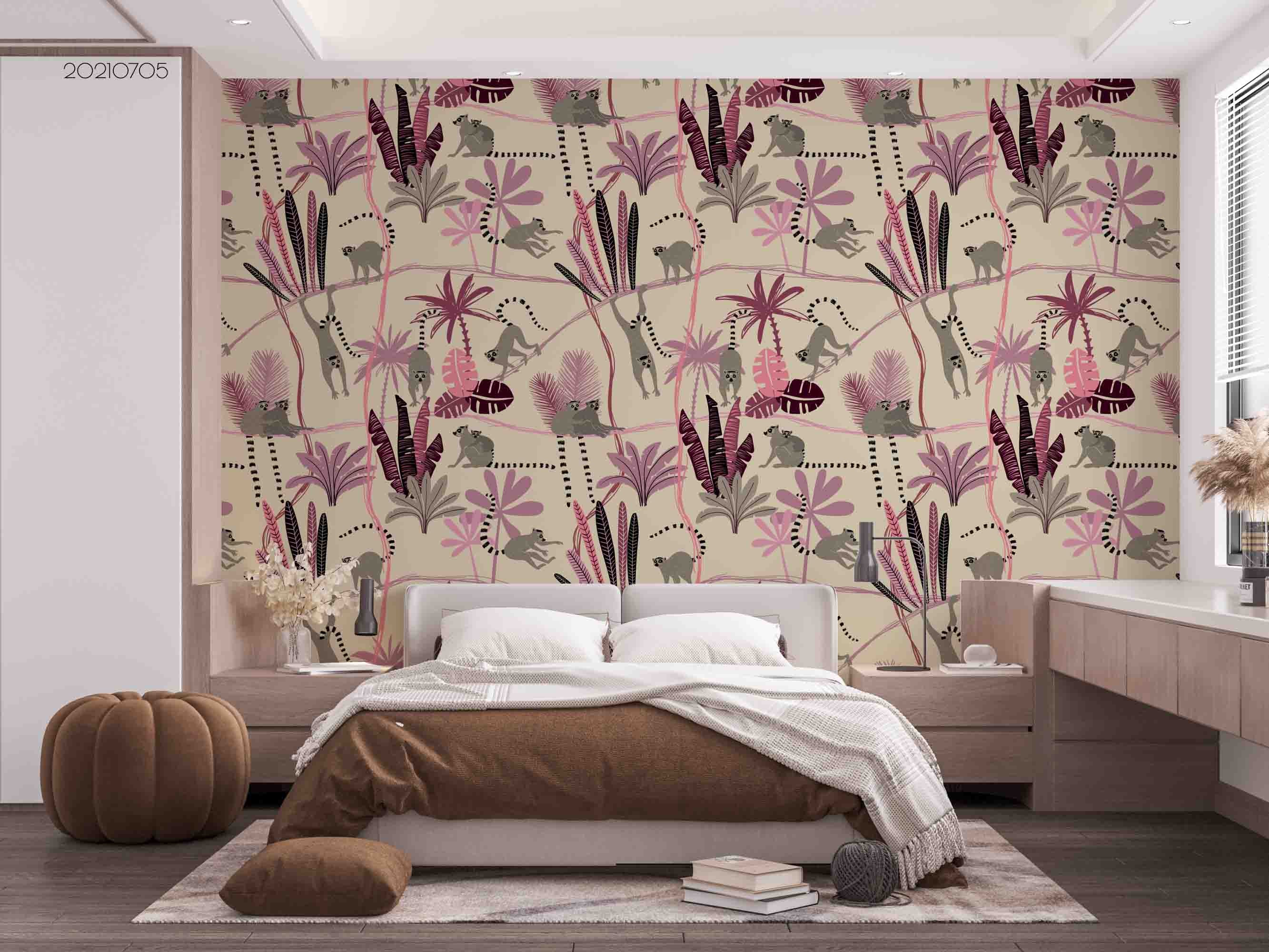 3D Tropical Pink Leaf Animal Monkey Wall Mural Wallpaper Lqh 103