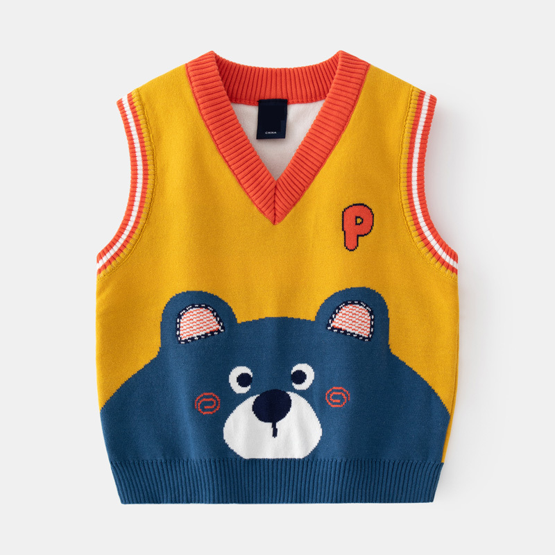 Spring Autumn1-6y Children’s Baby Boys Cotton Double Layer Knitting V-neck Waistcoat Kawaii Animal Tanks Winter Vest Sweaters alx