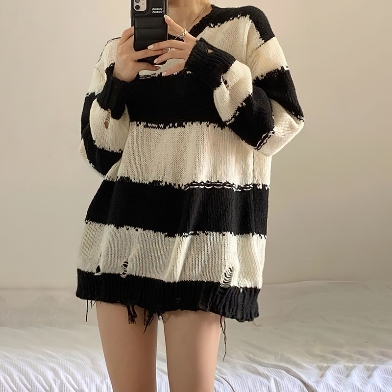 Autumn 2022 New Women Striped Hollow Pullover Round Neck Sweaters Korean Fashion Hole Knitwear Vintage Loose Leisure Sweater Top alx