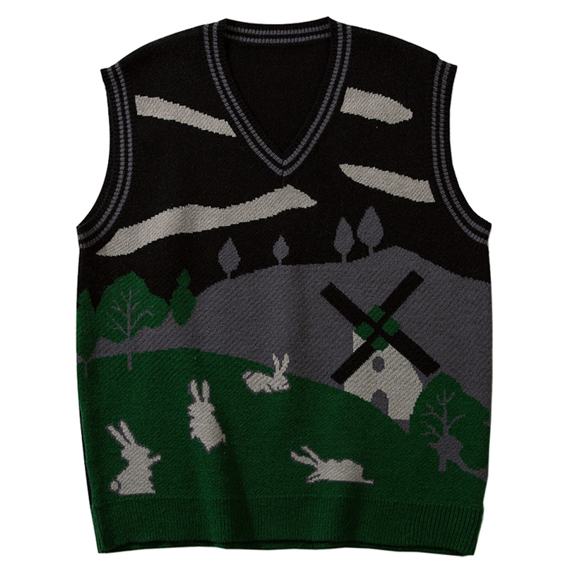 College Style Pullovers Sleeveless Sweaters Men Cartoon Print Streetwear Oversized Harajuku V-Neck Knitwear Vest Men Sweaters alx