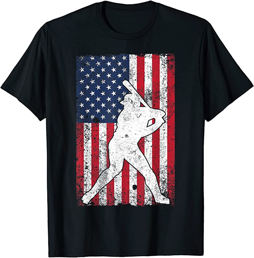 Baseball Player Vintage American Flag 4th of July Patriotic T-Shirt