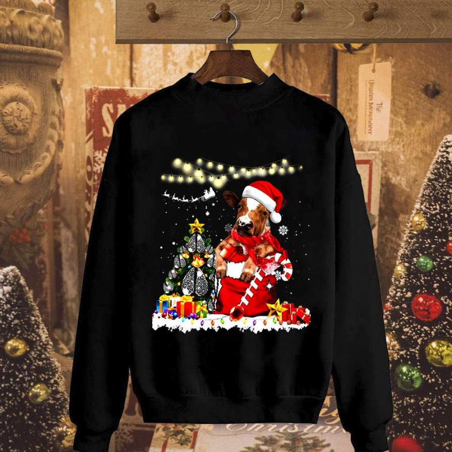 Cow farm merry christmas candy cane light santa hat snow gift black sweatshirt for men and women S-5XL