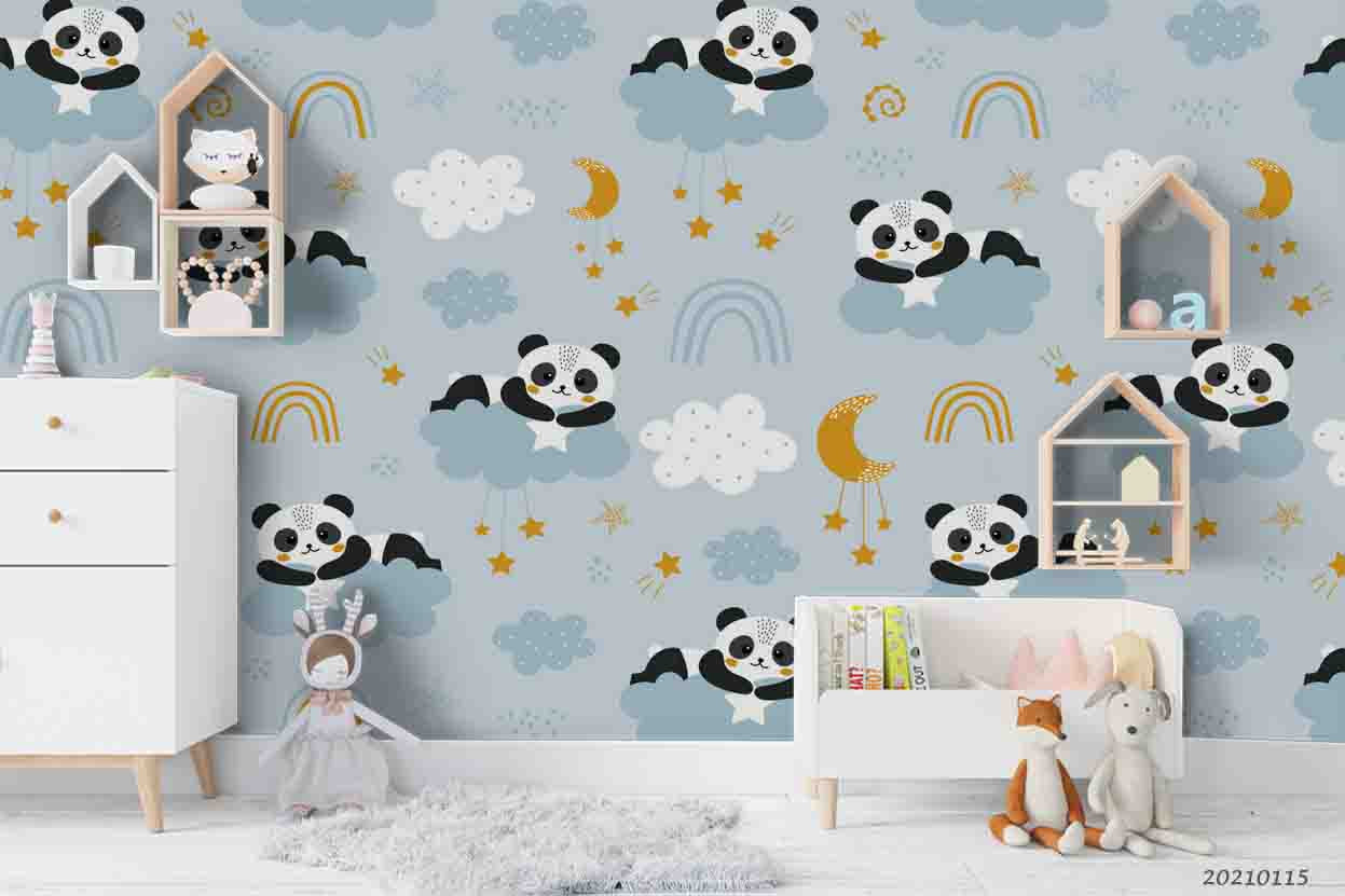 3D Cartoon Animal Panda Cloud Star Wall Mural Wallpaper Lqh 64