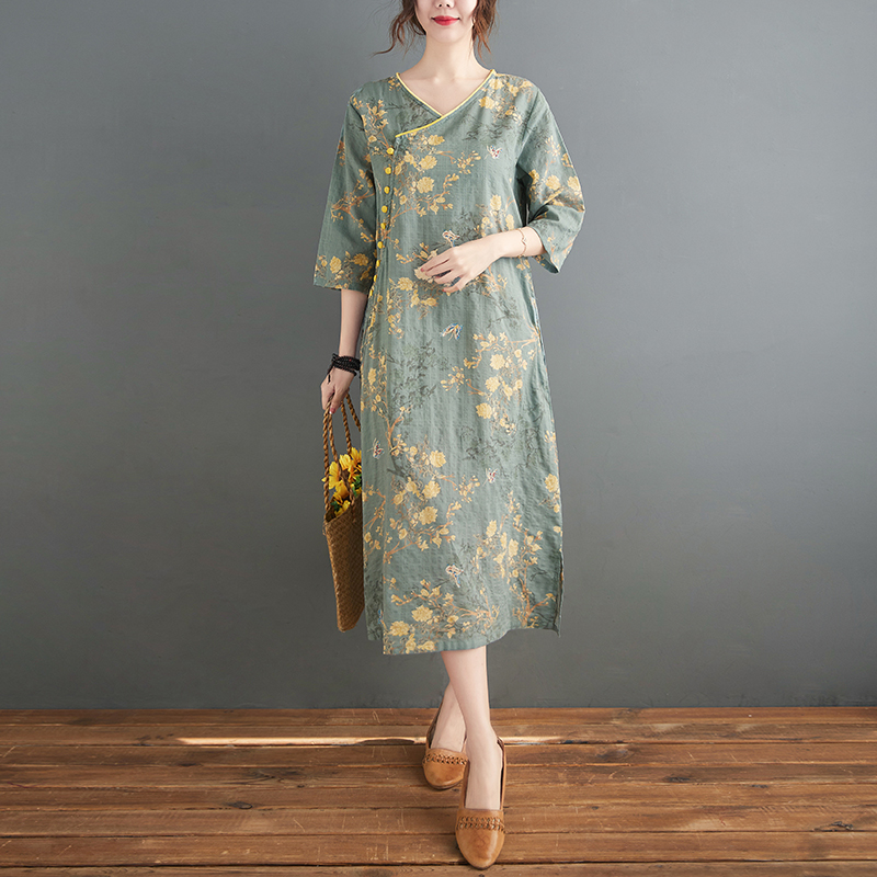 2022 New Arrival Half Sleeve Spring Summer Dress Soft Linen Cotton Print Floral Vintage Chinese Style Dress Women Casual Dress alx