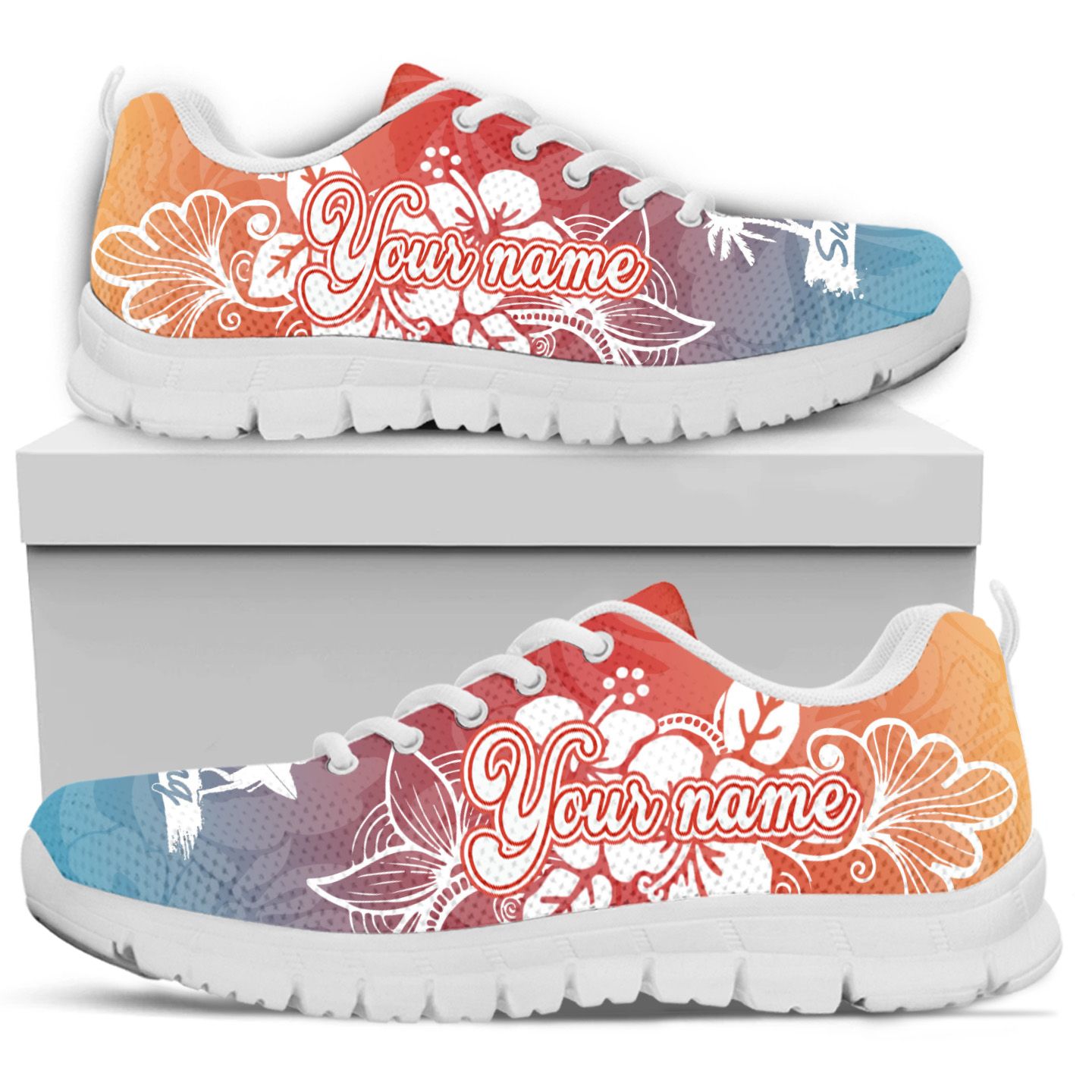 Surfing Tropical Flowers Custom Name Women Sneakers For Sport Lovers