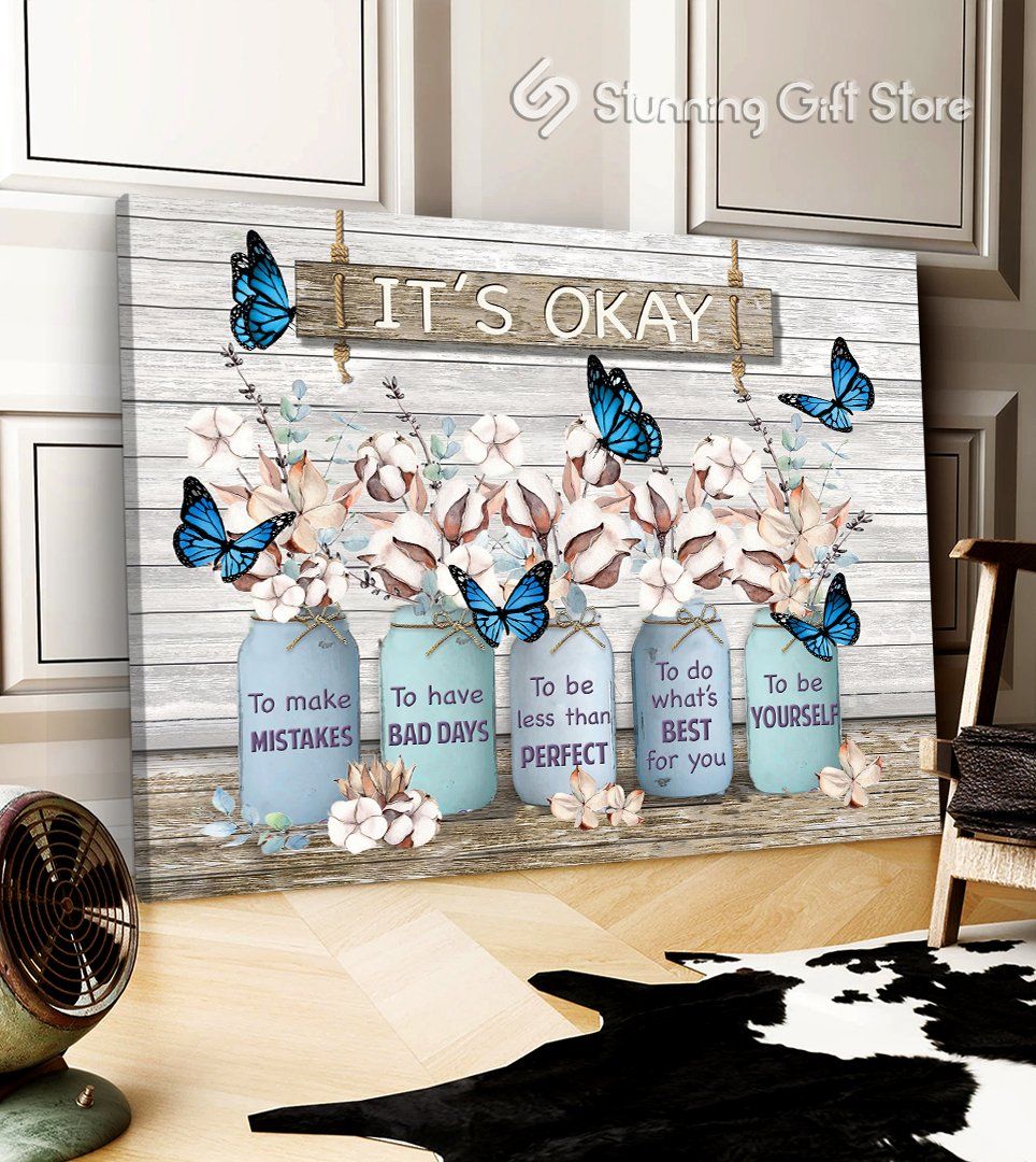 Cotton Flower Vase Blue Butterfly Canvas It’s okay to make mistakes Wall Art