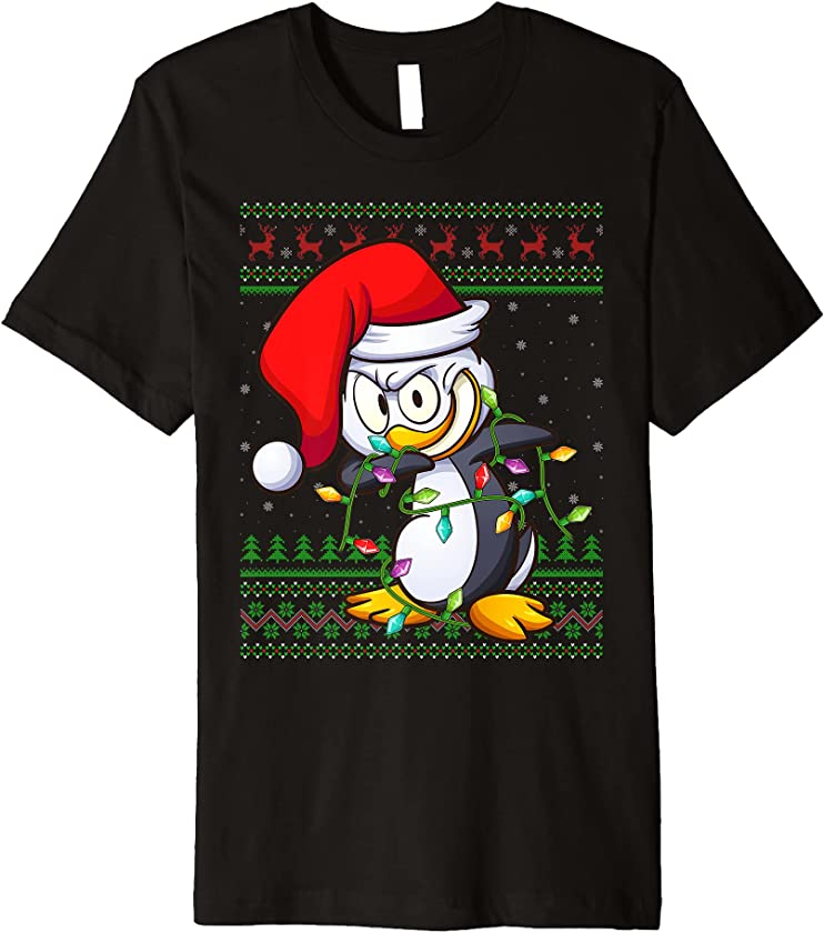 Dabbing Penguin Bird Xmas Lights Ugly Penguin Christmas Premium T-Shirt