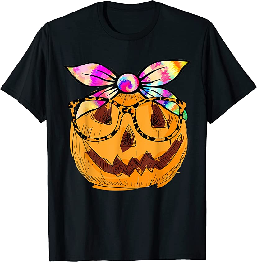 Cute Pumpkin Tie Dye Leopard Glasses Halloween Holiday Girls T-Shirt