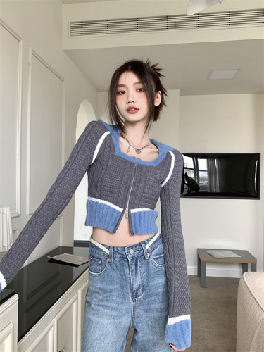 Cropped Cardigan Coat Women’s Clothing Pull Femme Contrast Color Zipper Tunic Sueter Knitted Korean Fashion Sweater Y2k Tops alx