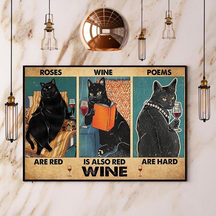 Wine Black Cat Roses Are Red Wine Also Red Poems Are Hard Vintage Gift For Family Wall Art Home Decor Canvas Prints Matte Canvas