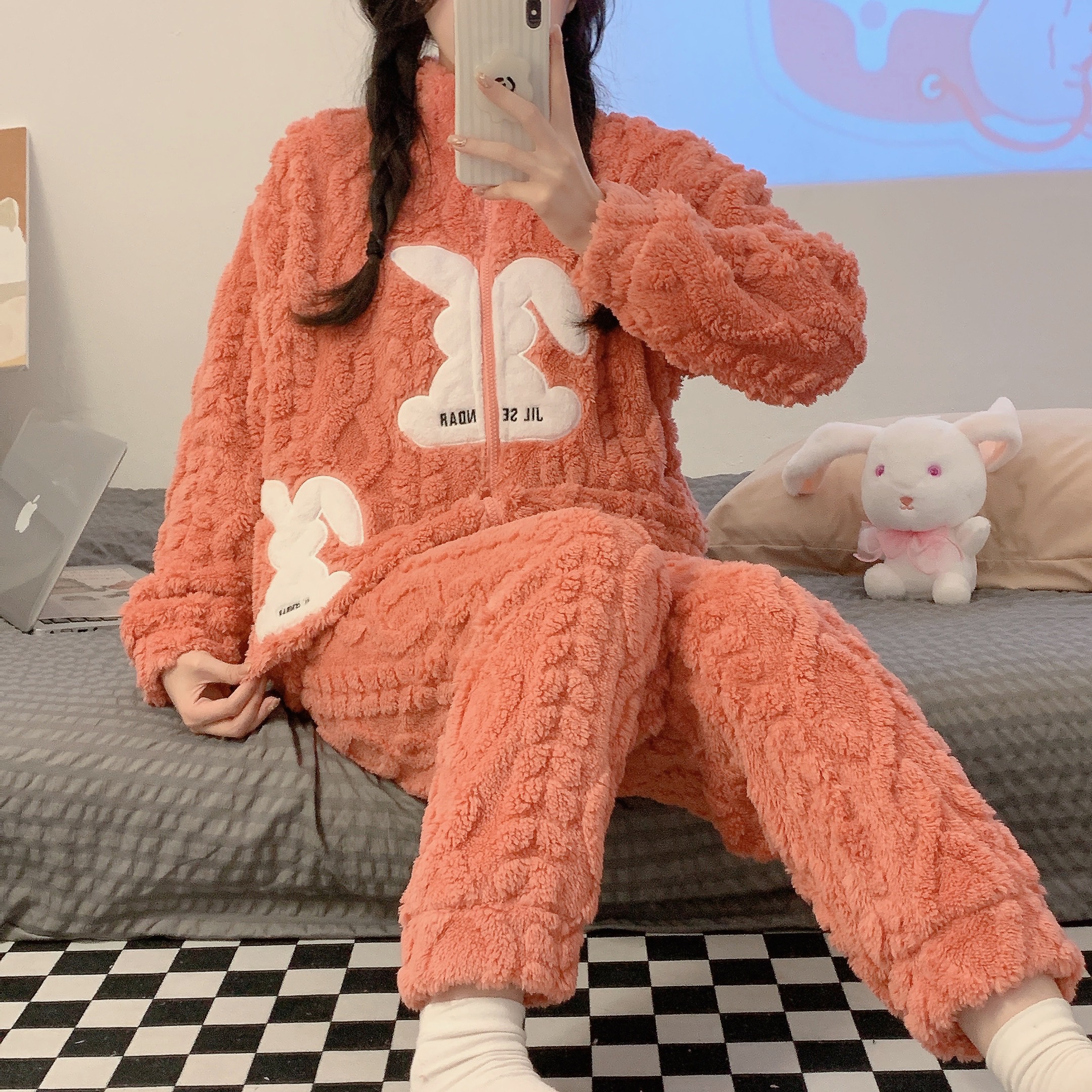 Winter Pajamas Women’s Plush Long Sleeve Set Zipper Solid Color Embroidered Coral Velvet Women’s Warm Casual Loose Home Dress alx