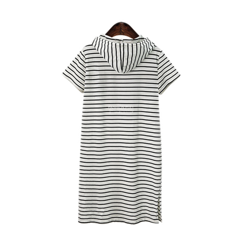 2021 Summer New Hooded Short Sleeve Women Dress Casual Drawstring Striped Loose Split Pocket O Neck Ladies Dresses Plus Size 5XL alx