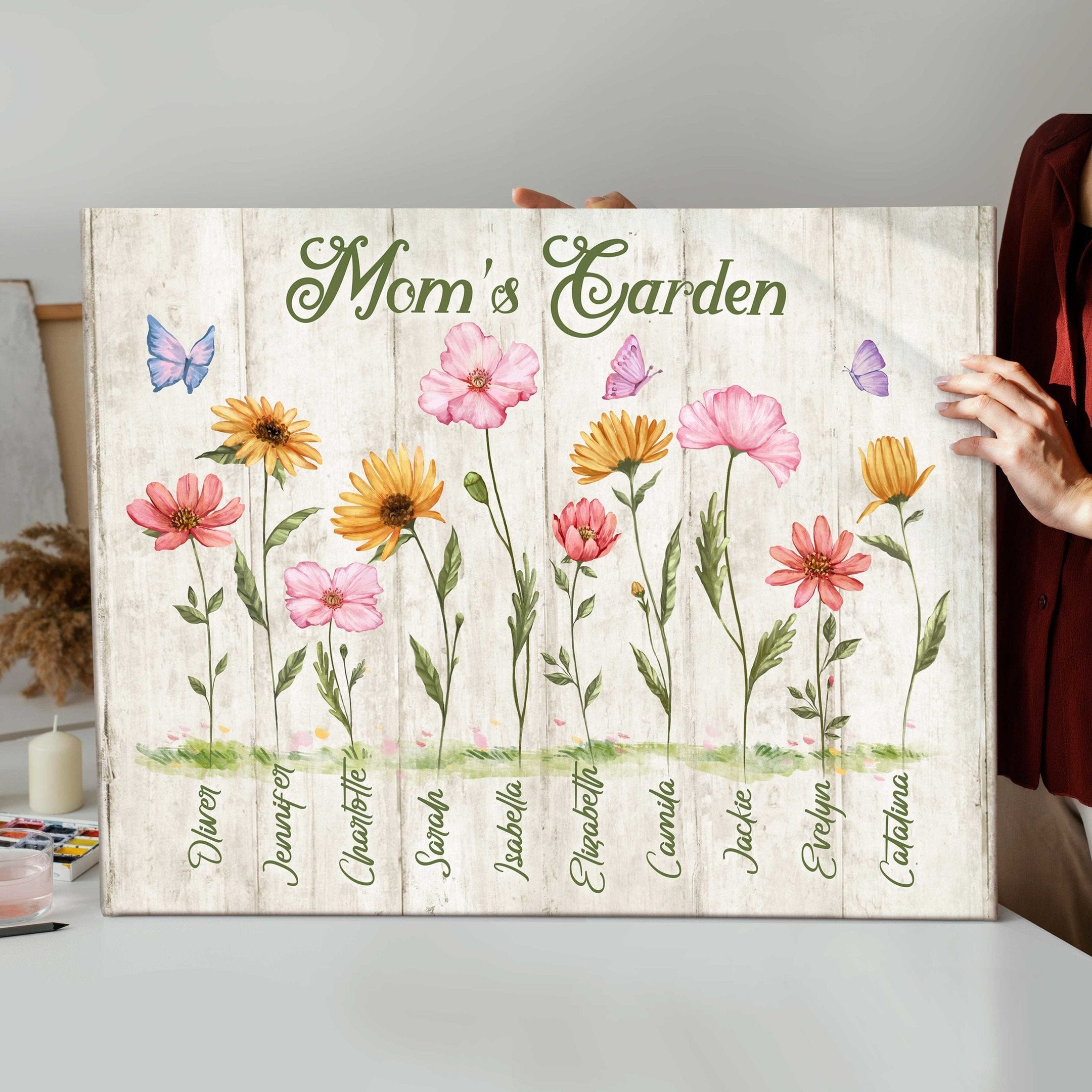 Personalized Mom’S Garden Landscape Canvas, Gift For Mom With Kid Names Wall Art