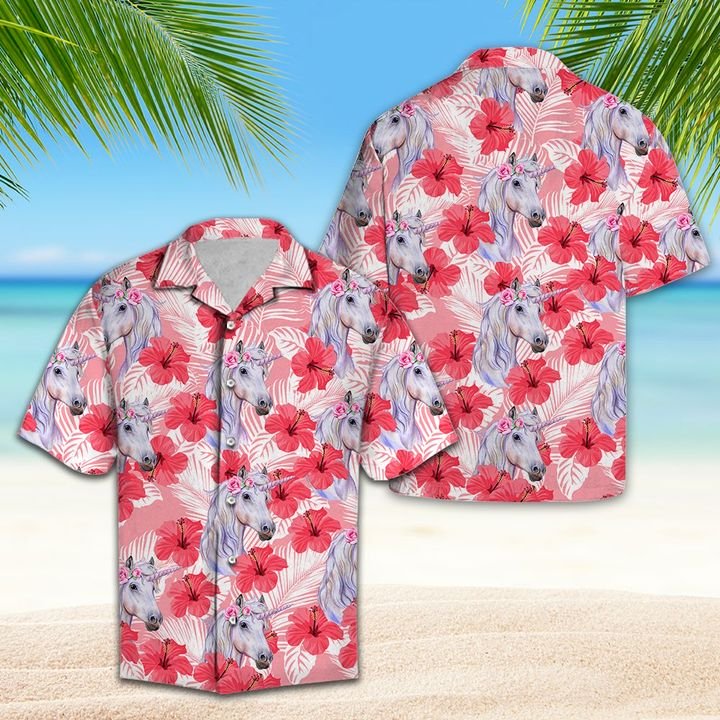 Unicorn Tropical Flowers Hibiscus Hawaiian Shirt Summer Button Up For Men, Women, Couple