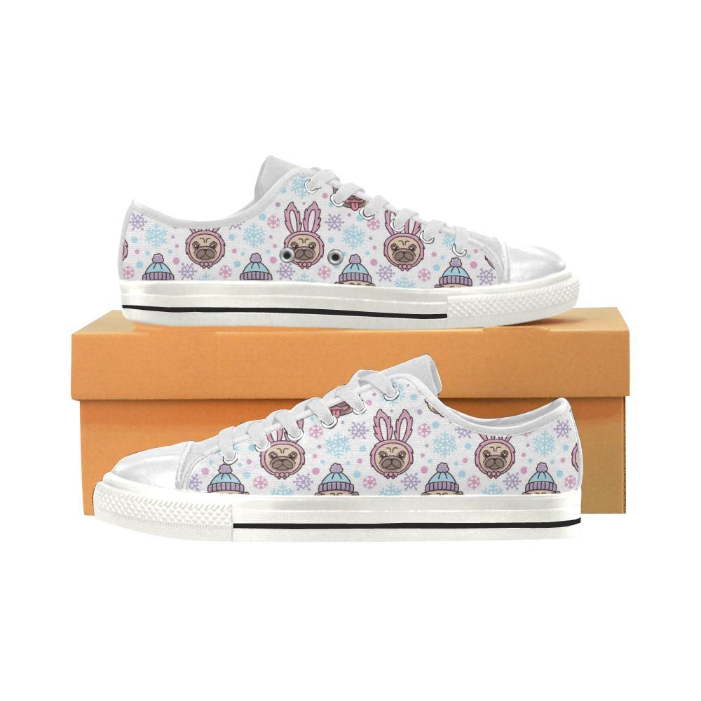 Cute Pug Hat Rabbit Costume Pattern Kid’S Low Top Canvas Shoes White