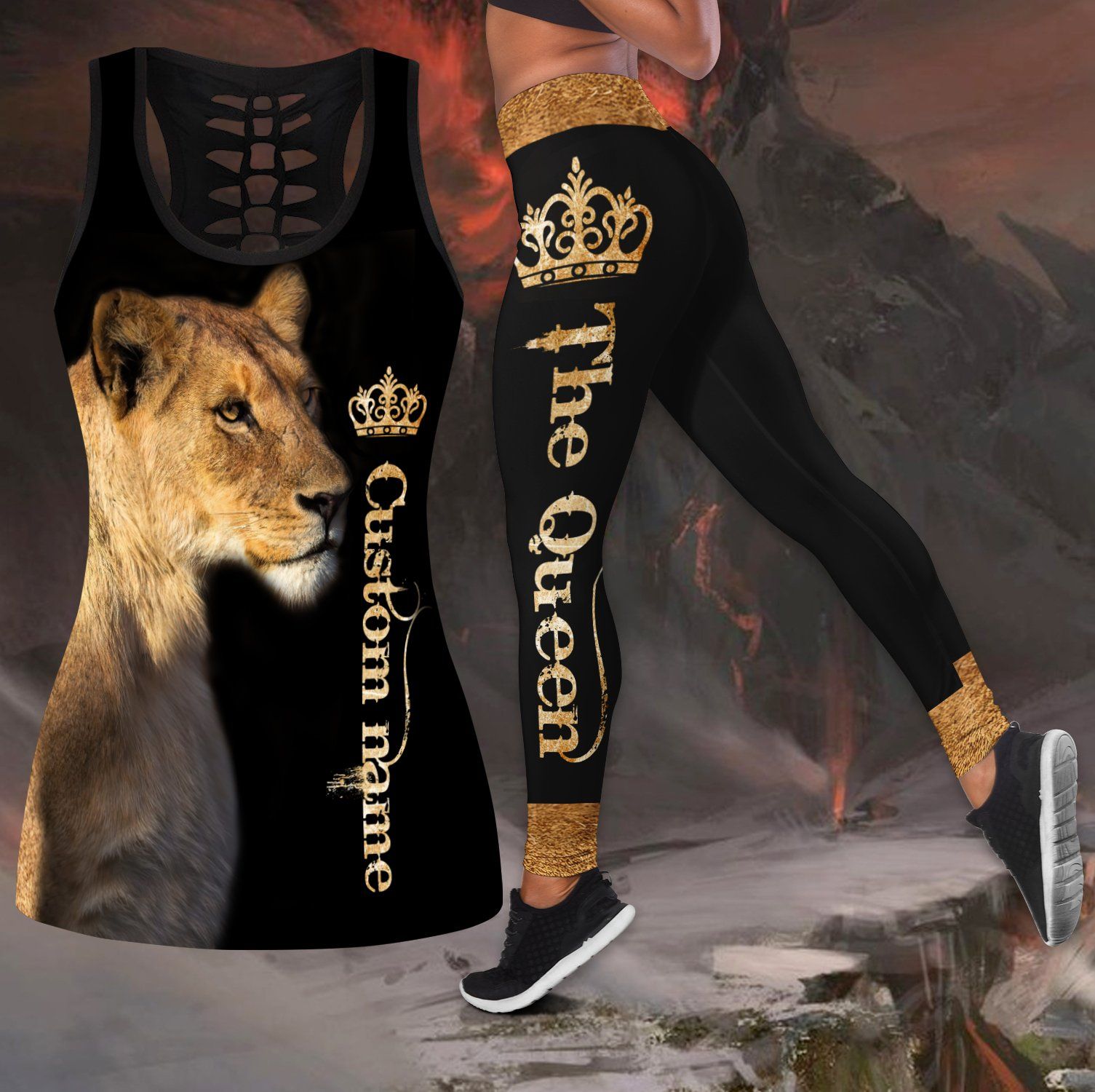 USATOPDEAL.COM – Custom Name Lion Queen legging + hollow tank customize combo for women