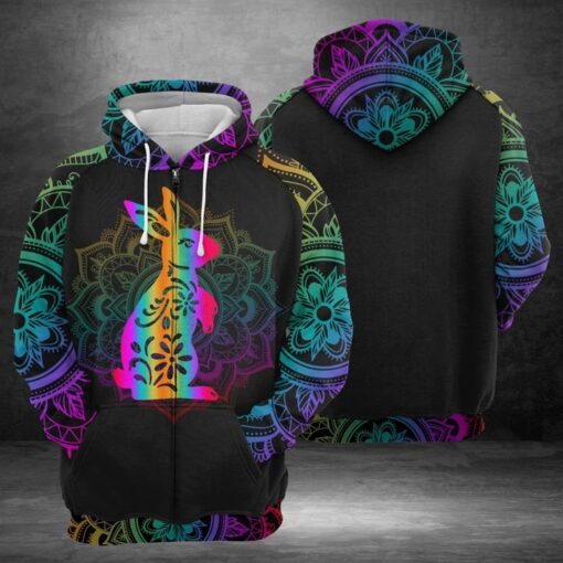 Rabbit All Over Print Zip Colorful Mandala Hoodie Sweatshirt