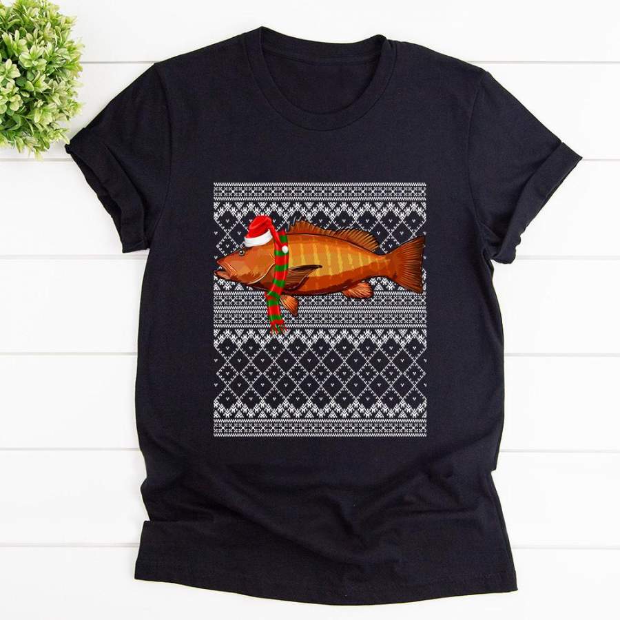 Xmas fish santa hat cubera snapper ugly christmas black cotton t shirt for men and women s-6xl