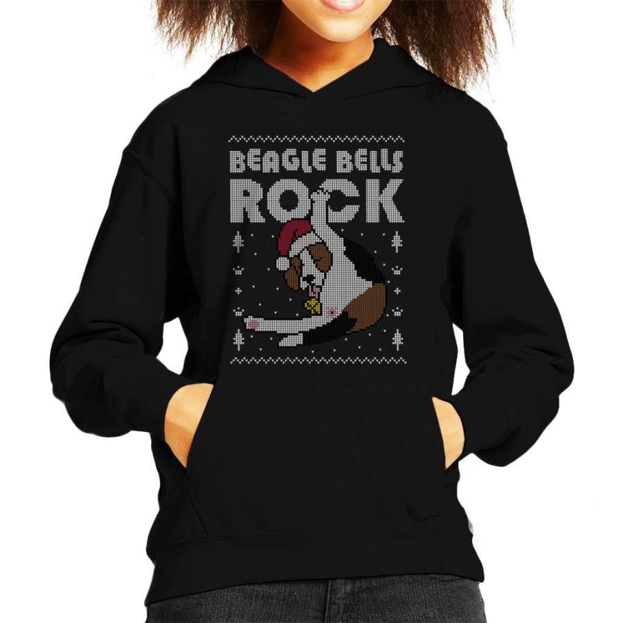 Beagle Bells Rock Christmas Knit Pattern Kid’s Hooded Sweatshirt