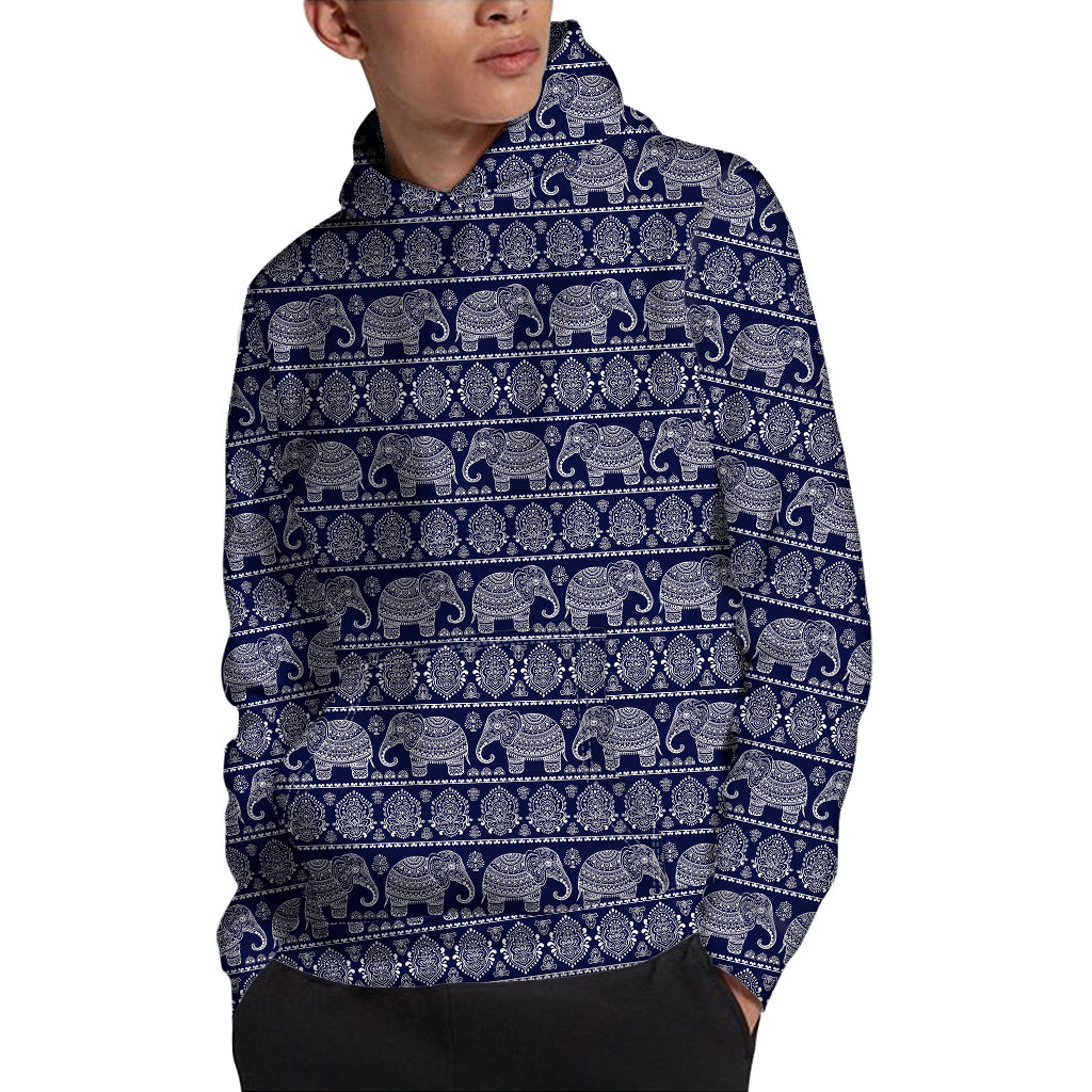 White And Blue Indian Elephant Print Pullover Hoodie