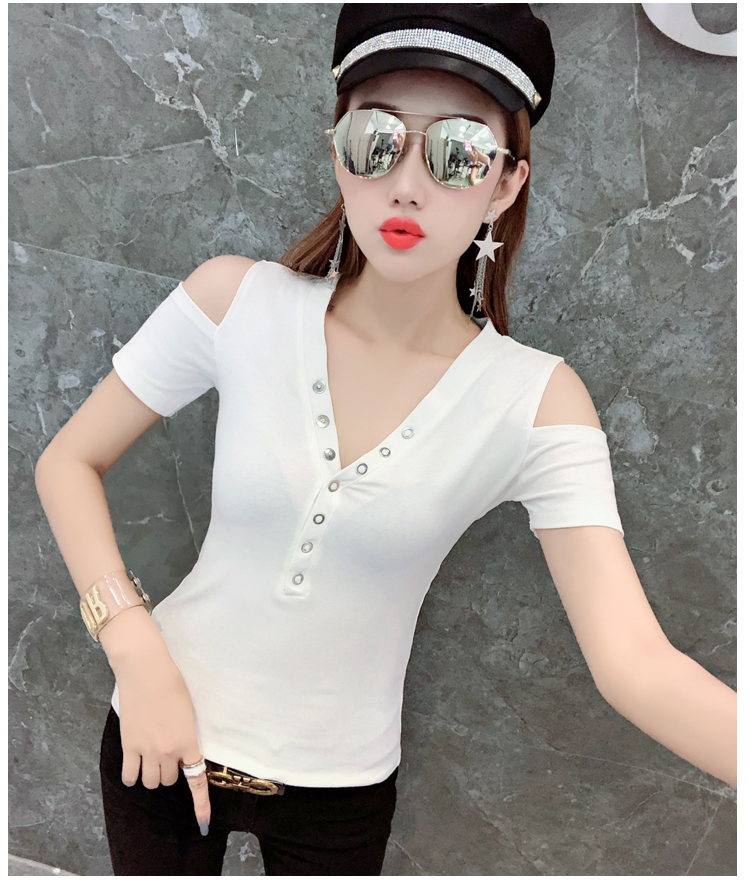 Summer Korean Fashion Streetwear Off Shoulder V-Neck Tshirt Women Short Sleeve Button Top Bottoming Shirt Slim New 2021 T13104A alx