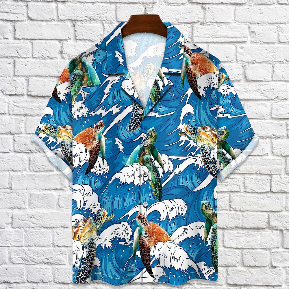 Turtle Ocean Waves – Hawaiian Shirt Unisex Women Men Couples Matching Friends Funny Family Aloha Shirt Holiday Gifts