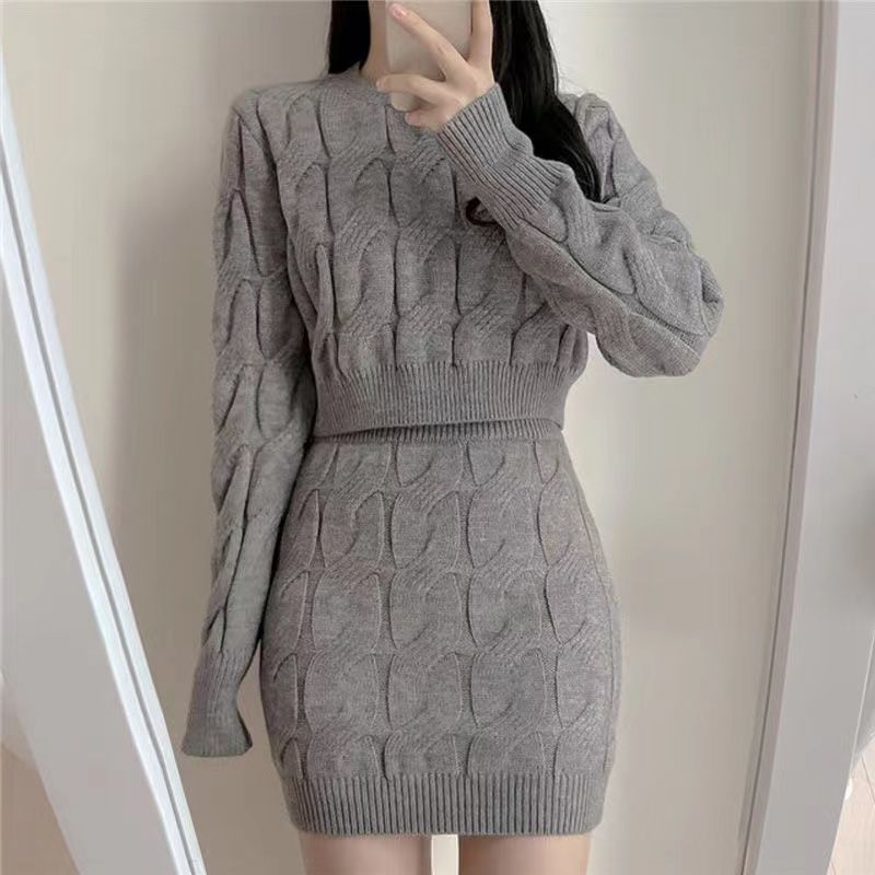 Woman Long Sleeve Knit Sweater and High Waist Skirts Female Two-piece Suits Ladies O-neck Fashion Sweater Suits Outfits G380 alx