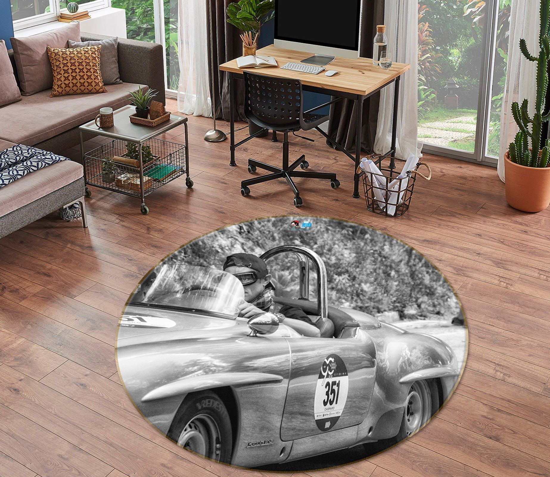 3D Black White Sports Car 74192 Round Rug – Round Carpet Home Decor